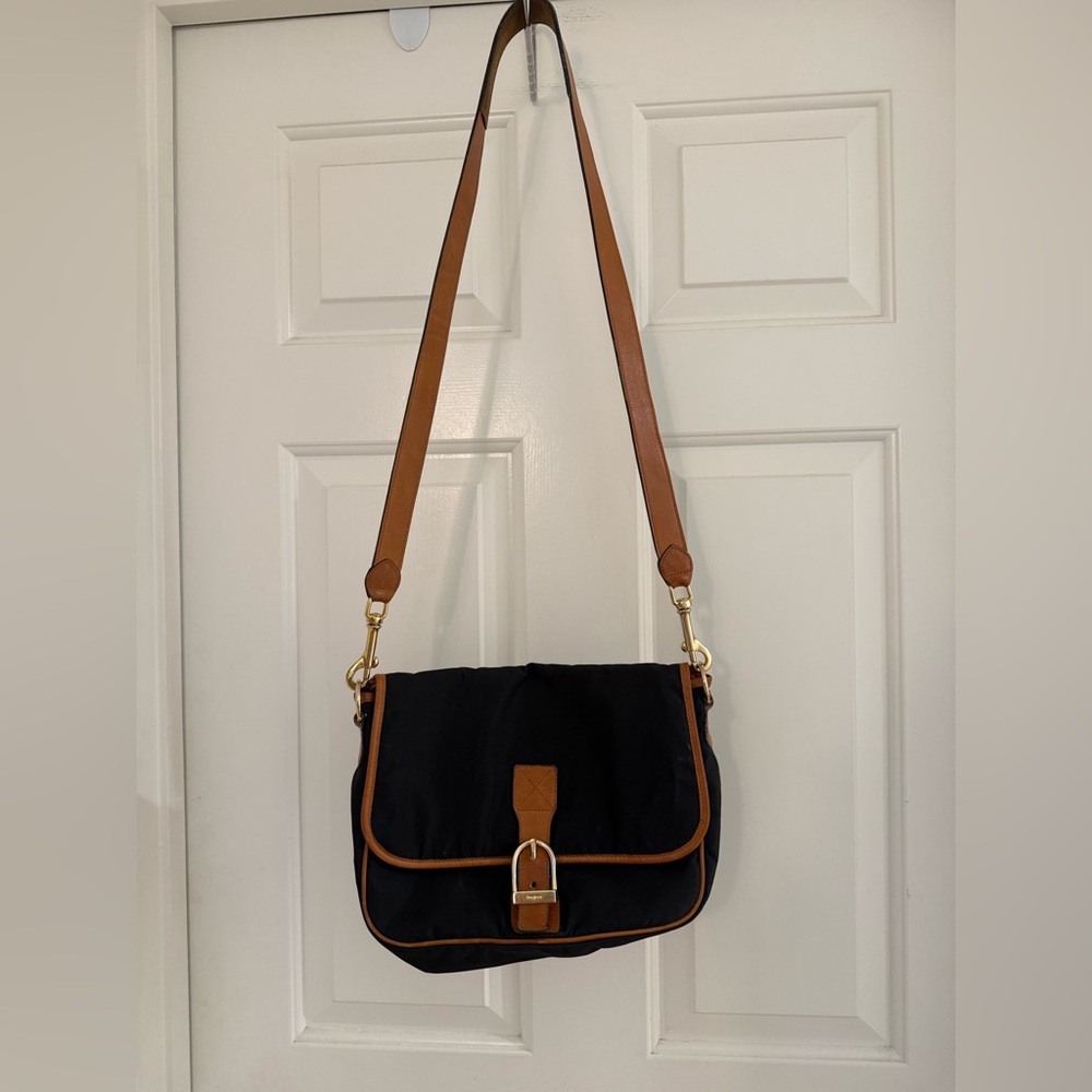 Bogner Vintage Black Nylon Crossbody Bag with Leather Buckle Accent